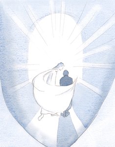 Han cirklade runt min själ och såg den sveptes av långa ansträngningar och av sin kraft, och sedan kastade han sin tröstande mantel om mig, 2000 (w/c på papper) av Elizabeth Wang