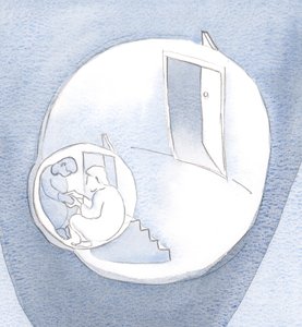 Han klättrade in i mitt hjärtas innersta rum för att sitta tyst i sällskap och hålla min hand., 2001 (w/c på papper) av Elizabeth Wang