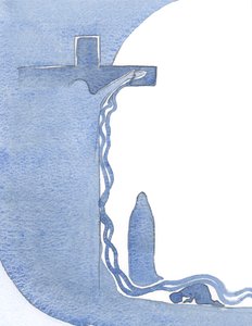 Han visade mig korset, upprätt, sin mor under det, och sitt blod i en stor utgjutning, strömmande över mig., 2000 (w/c på papper) av Elizabeth Wang
