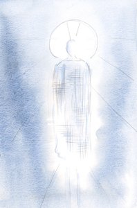 Han stod i majestät, i en kunglig dräkt, hans huvud omgivet av ljus., 2001 (w/c på papper) av Elizabeth Wang