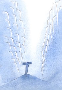 Hur änglarna, tusentals av dem, ryste av fasa när själva Guds Son dog på Golgata, i hans överlämnande och oändliga lovprisning av Fadern., 2001 (w/c på papper) av Elizabeth Wang