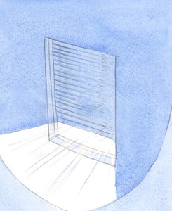 Hur ljuspolerat än våra själars "fönster" kan vara, om vi håller slutaren halvstängd stänger vi ute Gud, vårt ljus., 2001 (w/c på papper) av Elizabeth Wang