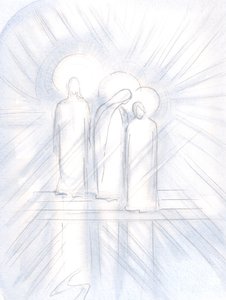 Jag såg Jesus tydligt, hans heliga moder vid hans sida och den helige Josef bredvid henne. Kristus ger dem till oss, som hjälpare och exempel, 2000 (w/c på papper) av Elizabeth Wang