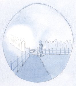 Jag såg en fåfäng själ som en liten bondekvinna som var full av självvikt och väntade på en kunglig besökare. Men hans genomborrade fötter var bara., 2001 (w/c på papper) av Elizabeth Wang