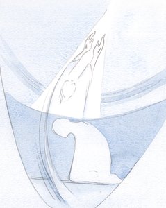 Jag såg hur Kristi liv och offer tränger igenom själva himlen och öppnar en väg där vi kan följa, för att dela hans härlighet., 2000 (w/c på papper) av Elizabeth Wang
