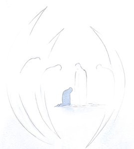 Jag såg hur de heliga änglarna böjer sig vördnadsfullt inför Kristi närvaro i själen, i Holy Communion., 2000 (w/c på papper) av Elizabeth Wang