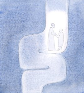 Jag såg att Kristus håller mig under mina resor, när vi går vidare till Fadern, som om vi reser genom vridna tunnlar, 2000 (w/c på papper) av Elizabeth Wang