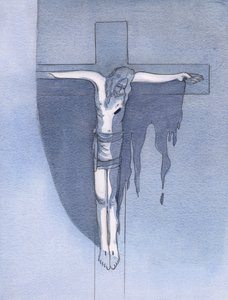 Jag såg att det stora utgjutandet av Guds nåd möjliggjordes av det blodiga offret av den trasiga kroppen på Golgata, 2000 (w/c på papper) av Elizabeth Wang