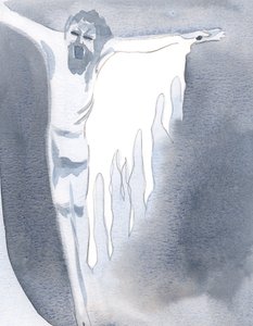 Jag såg att det stora utgjutandet av Guds nåd möjliggjordes av det blodiga offret av den trasiga kroppen på Golgata, 2000 (w/c på papper) av Elizabeth Wang