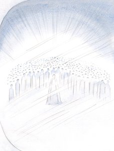 Jag såg helgonen stöta, så att säga, för förmånen att hjälpa oss, med Jungfru Maria i centrum, 2000 (w/c på papper) av Elizabeth Wang