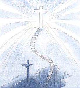 Jag såg trappan till glädje, och ett upplyst kors, nu vår heliga och strålande symbol, planterad i himlen, 2000 (w/c på papper) av Elizabeth Wang