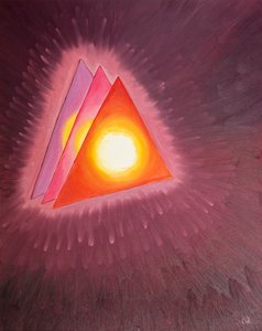 Jag fick se en symbol för den heliga treenigheten: tre trianglar, med en eld som smält lava (som representerar gudomlig kärlek) i hjärtat av varje, 2003 (olja ombord) av Elizabeth Wang