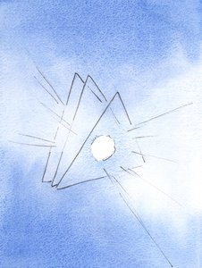 Jag fick se en symbol för den heliga treenigheten: tre trianglar, med en eld som smält lava (som representerar gudomlig kärlek) i hjärtat av varje, 2003 (w/c på papper) av Elizabeth Wang