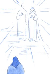 Jag visades de två hjärtan: av den syndfria Kristus och av hans obefläckade moder, i himlens strålande ljus, 2002 (w/c på papper) av Elizabeth Wang