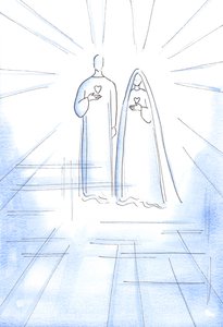 Jag visades de två hjärtan: av den syndfria Kristus och av hans obefläckade moder, i himlens strålande ljus, 2002 (w/c på papper) av Elizabeth Wang