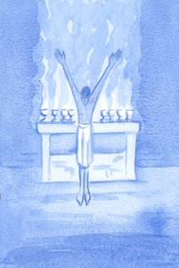 Om Kristus - med vördnad - ger ödmjuk lovsång till Fadern, vågar någon på jorden prisa med mindre vördnad?, 2002 (w/c på papper) av Elizabeth Wang