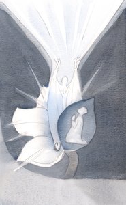 Om jag öppnar min själ för Gud, gör Kristi egen skönhet sitt eget härlighetsverk, som en blomma som öppnar sig. Hans beröm strömmar uppåt, obehindrat av mig själv., 2000 (w/c på papper) av Elizabeth Wang