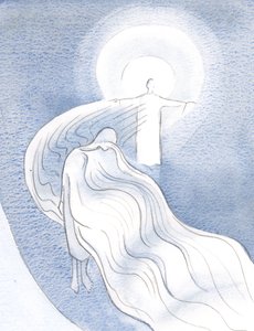 Om en själ är ödmjuk, kan Kristi nåd strömma genom den själen till andra, som genom gasväv, obehindrat., 2000 (w/c på papper) av Elizabeth Wang
