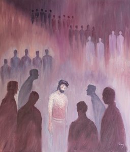 Om våra hjärtan är bittra och förbittrade, när Kristus kommer till oss i nattvarden, känner han som han gjorde i sin heliga passion, 2002 (olja ombord) av Elizabeth Wang