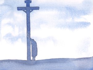 Om våra lidanden gör det svårt att be kan vi helt enkelt luta oss mot korset, nära Kristus, vila i honom och tålmodigt uthärda våra svårigheter, 2000 (w/c på papper) av Elizabeth Wang