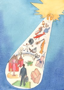 Om vi påstår att vi går på en stig mot himlen, hur många onödiga saker på vägen distraherar eller korrumperar oss?, 2004 (w/c på papper) av Elizabeth Wang