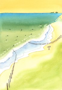 Om vi vägleder en person mot fara är vi ansvariga för deras skador, oavsett om det är på en strand, eller genom att publicera dåliga böcker eller inom något område av livet, 2003 (w/c på papper) av Elizabeth Wang