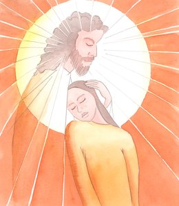 Om vi ser mot Kristus med våra hjärtan och sinnen rena, kan vi glömma oss själva i glädjen att lära känna honom, 2000 (w/c på papper) av Elizabeth Wang