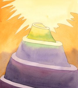 Om vi framhärdar i vår brinnande kärlek till Gud och vår nästa kan vi nå toppen av helighetens berg och komma till himlen så snart vi dör, 2005 (akvarell på papper) av Elizabeth Wang