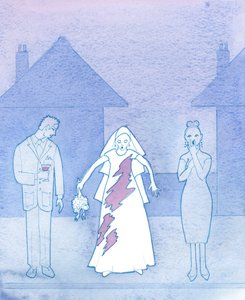 Föreställ dig hur generad en brud skulle vara, vars klänning hade blivit fläckad av en utspilld drink och som sedan tänkte på sin promenad mot altaret, 2003 (w/c på papper) av Elizabeth Wang