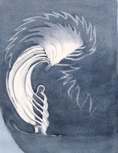 I nattvarden omsluter Kristi närvaro oss som en mantel, värmer oss med himmelsk nåd, tröstar oss, 2000 (w/c på papper) av Elizabeth Wang