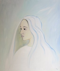 I himlen delar Jungfru Maria sin sons oro för allt som händer på jorden, 2000 (olja ombord) av Elizabeth Wang