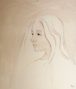 I himlen delar Jungfru Maria sin sons oro för allt som händer på jorden, 2000 (olja ombord) av Elizabeth Wang