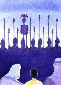 I sin barndom skulle Jesus ha varit van vid att se romerska soldater och korsfästelser, 2001 (w/c på papper) av Elizabeth Wang