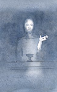 I sin barmhärtighet kommer Kristus till vårt altare, dagligen, när vi välkomnar honom, i trons mörker, 2000 (w/c på papper) av Elizabeth Wang