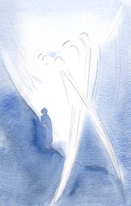 I sin ömhet lyfte han min själ med änglar, i den heliga treenighetens lov, 2000 (w/c på papper) av Elizabeth Wang