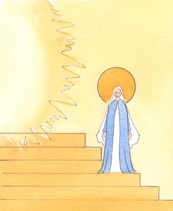I en bild av Himmelens domstol, där Gud Fadern regerar i ära, placeras Vår välsignade fru på trappan som leder till Faderns tron, 2004 (w/c på papper) av Elizabeth Wang