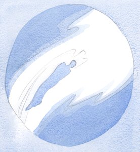 Som svar på bön sveper en ängel till själen på en trogen vän till Jesus och lyfter honom, snabbt, för att hälsa på Jesus i himlen., 2001 (w/c på papper) av Elizabeth Wang