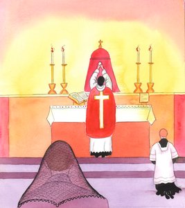 Med avsiktliga steg (förklarade Kristus) hade han långsamt lett mig mot ett erkännande av den vördnad och skönhet som är förknippad med det traditionella sättet att framföra det heliga offret, 2005 (akvarell på papper) av Elizabeth Wang