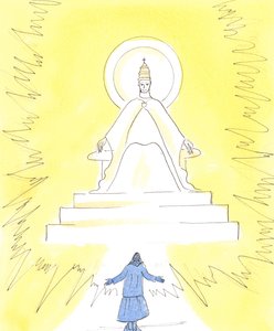 I tro kan vi se ett flammande ljus, högt uppe i kyrkan ovanför helgedomen, 2004 (w/c på papper) av Elizabeth Wang
