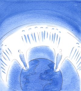 I privat bön kan vi uppstå i ande för att förenas med de heligas nattvard i himlen till pris av Fadern genom Kristus, 2003 (w/c på papper) av Elizabeth Wang