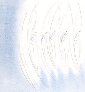 På kvällen såg jag att det heliga sällskapet av änglar var som ett, i att göra korstecknet., 2000 (w/c på papper) av Elizabeth Wang