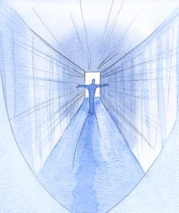 På resan genom döendet och döden (som genom en ljus korridor) litar den nakna själen på den helige Ande inombords, 2001 (w/c på papper) av Elizabeth Wang