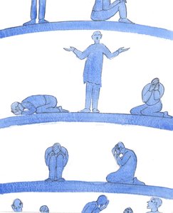 I skärseldens nedre djup finns själar - som desperata människor i en medeltida fängelsehåla som kurar ihop sig nära väggarna - som inte har någon att be för dem., 2004 (w/c på papper) av Elizabeth Wang