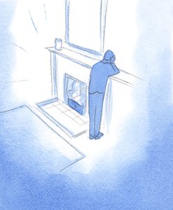 Det är i Gud vi kan hitta ett kärleksfullt hem eller en härd, med ljus och värme. "Utanför" Honom är bara smärta och mörker, 2002 (w/c på papper) av Elizabeth Wang