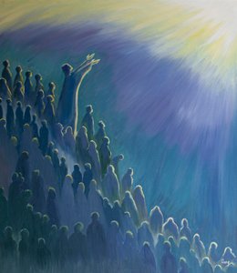 Det är genom Jesus, som går i förbön för oss vid den heliga mässan, som vår bön stiger till Fadern, i Anden, 2000 (olja ombord) av Elizabeth Wang