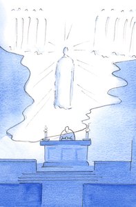 Det var som om själva himlens golv sträcktes ut över altaret, så att Kristus var närvarande både i himlen och på altaret, 2003 (w/c på papper) av Elizabeth Wang