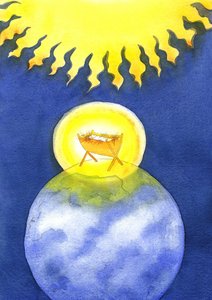 Jesus Kristus är människan som skapats av Gud; ändå kom han till jorden inte med makten, utan som en hjälplös baby, 2001 (w/c på papper) av Elizabeth Wang