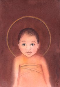 Jesus Kristus är sann Gud, som tog på sig vår mänskliga natur och hade ödmjukheten och godheten att komma ibland oss som ett spädbarn, 2003 (w/c på papper) av Elizabeth Wang