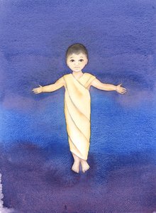 Jesus Kristus är sann Gud, som tog på sig vår mänskliga natur och hade ödmjukheten och godheten att komma ibland oss som ett spädbarn, 2003 (w/c på papper) av Elizabeth Wang