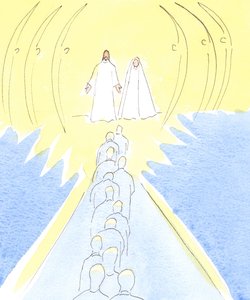 Jesus korsfäst väntar vid himlens port, med sin mor Maria och de heliga änglarna, 2000 (w/c på papper) av Elizabeth Wang